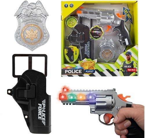 POLICÍA Set de policía con pistola + luz y sonido + funda + placa
