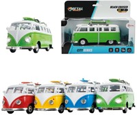 METAL Retro bus Surf Party pull back + Licht en Geluid 4 assorti 8,5x19x14cm.