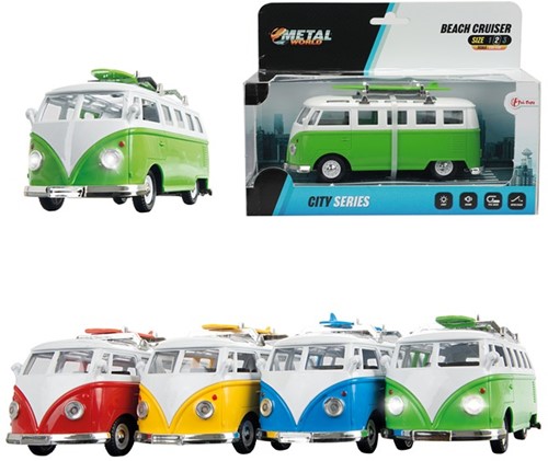 METAL Retro bus Surf Party pull back + Licht en Geluid 4 assorti 8,5x19x14cm.
