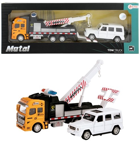METAL Sleepwagen met takel pull back +auto (4x4) 7x40x19,5cm.