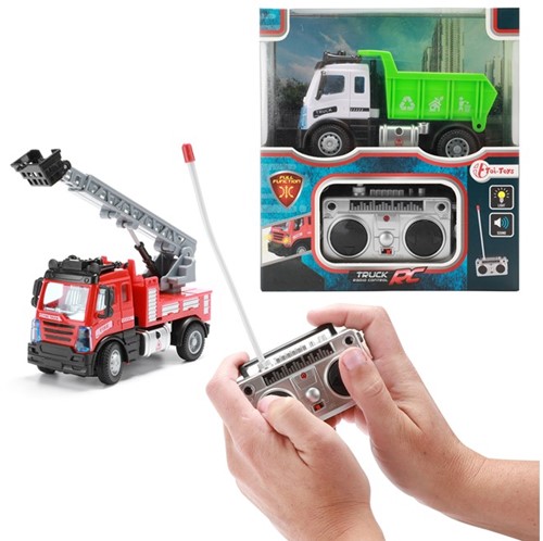 Radio Control Mini vuilniswagen of brandweerauto + Licht en Geluid 7,5x16x17,5cm.