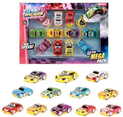 TURBO RACERS Set rally(race)auto's pull back 12 stuks 2,5x29x20cm.