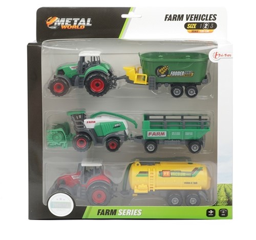 METAL Set Landbouw 6 delig tractor + aanhanger 4 assorti in display 6x27,5x29,5cm.-2