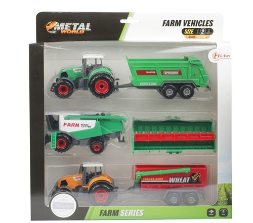 METAL Set Landbouw 6 delig tractor + aanhanger 4 assorti in display 6x27,5x29,5cm.-3