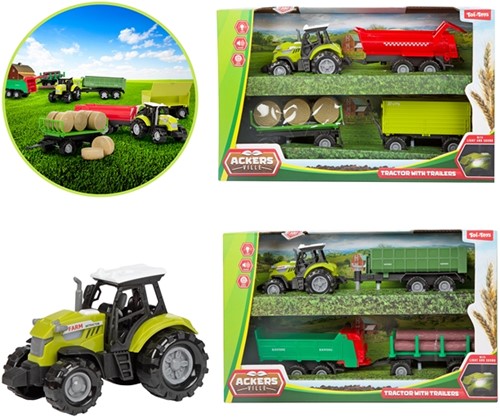 ACKERS VILLE Tractor 10cm -set met 3 trailers + licht en geluid