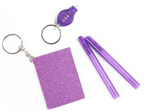 Taccuino + lampada UV su portachiavi con penna codice segreto 13,5x15,5cm-3