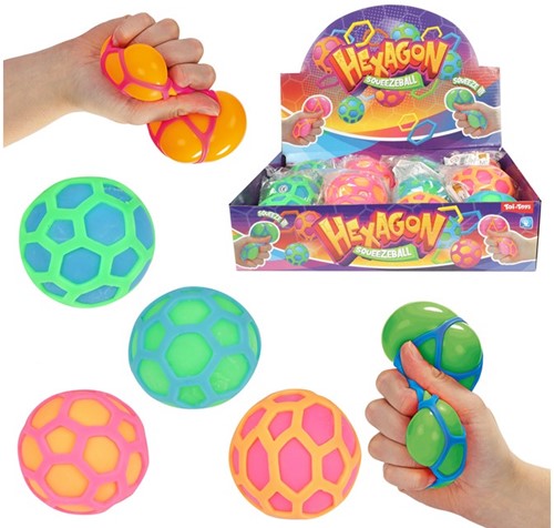 Knijpbal Mesh Ball Hexagon 7cm 4 assorted in display (12)