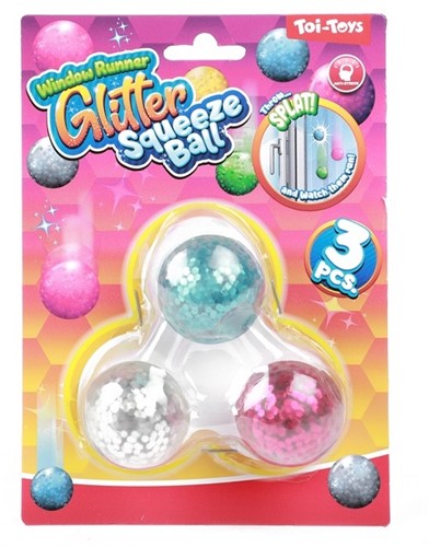 Raamkruiper knijpballen Glitter 4cm 3 stuks 4x13x18cm.