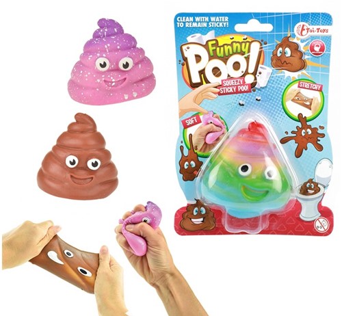 FUNNY POO Kleverige rekbare -Lachende drol- 8cm 3 assorti op kaart 12,5x17,5cm