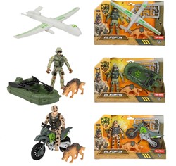 ALFAFOX Spielset mit -Militär-Fahrzeug+Hund+Zubehör 3-fach sortiert