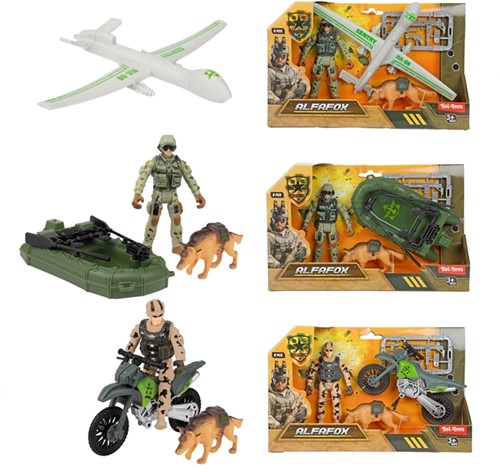ALFAFOX Playset avec -Militaire- véhicule+chien+acc 3 assortis