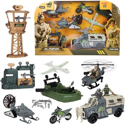 ALFAFOX Spielset XL + Licht und Sound - Militär - 6x Fahrzeug + Zubehör