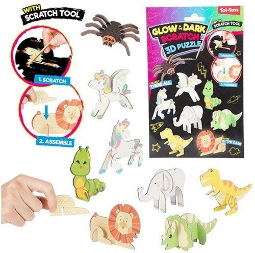 3D krasfolie puzzel -Dier- glow in the dark 8 assortie