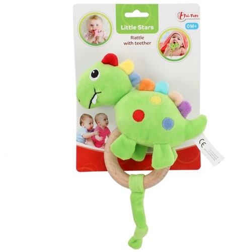 LITTLE STARS Baby rammelaar + bijtring hout Dino 5,5x15x27cm.-2