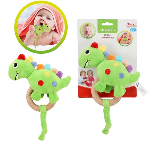 LITTLE STARS Baby rammelaar + bijtring hout Dino 5,5x15x27cm.