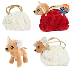 Peluche chien chihuahua en sac à main blingbling 2 assortis 15x25x21cm.