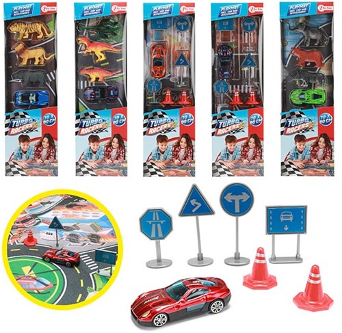 TURBO RACERS Set Road met accessoires + Speelmat + Auto 6 assorti 35x10cm