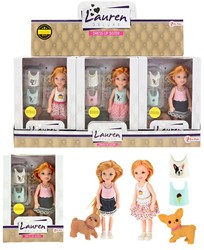 LAUREN Poupée adolescente petite avec tops et chien 3 assortis 11x16cm