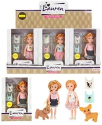 LAUREN Tienerpop klein met topjes en hond 3 assorti 11x16cm