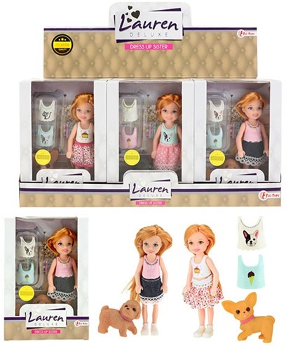 LAUREN Tienerpop klein met topjes en hond 3 assorti 11x16cm