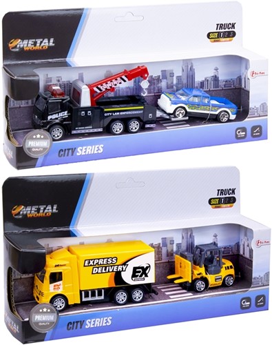 Vrachtwagen Metal met auto/heftruck 2 assorti 11x24cm