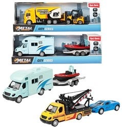 METAL Camper truck pull back + aanhanger + voertuig 4 assorti 7,5x24cm