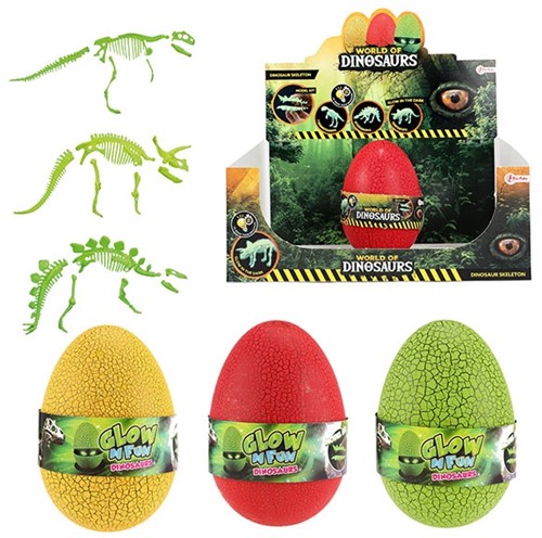 GLOW N FUN Im Dunkeln leuchtendes Dinosaurierskelett in Ei 3 sortiert im display 18cm