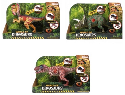 WORLD OF DINOSAURS Beweegbare dino met geluid 3 assorti 16x24cm
