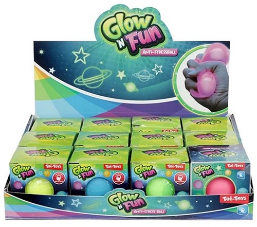 GLOW N FUN Anti stressbal 6cm Glow in the Dark 4 assorti in display (12) -2